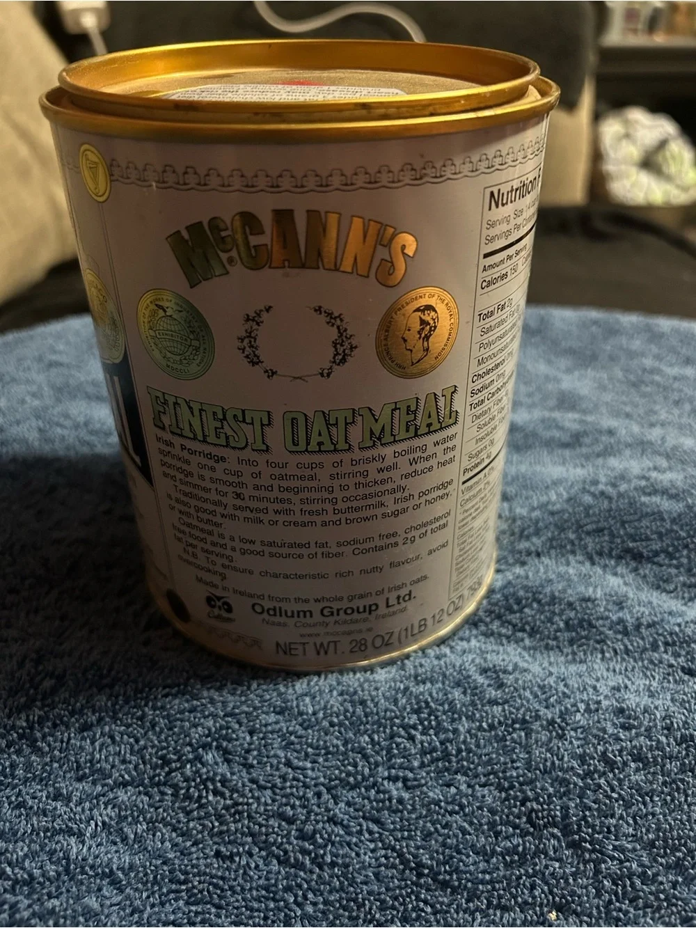 John McCann's Irish Oatmeal Can - White & Gold Vintage Label